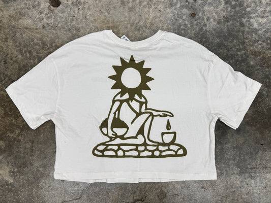 White t-shirt with a black graphic design on a textured gray surface