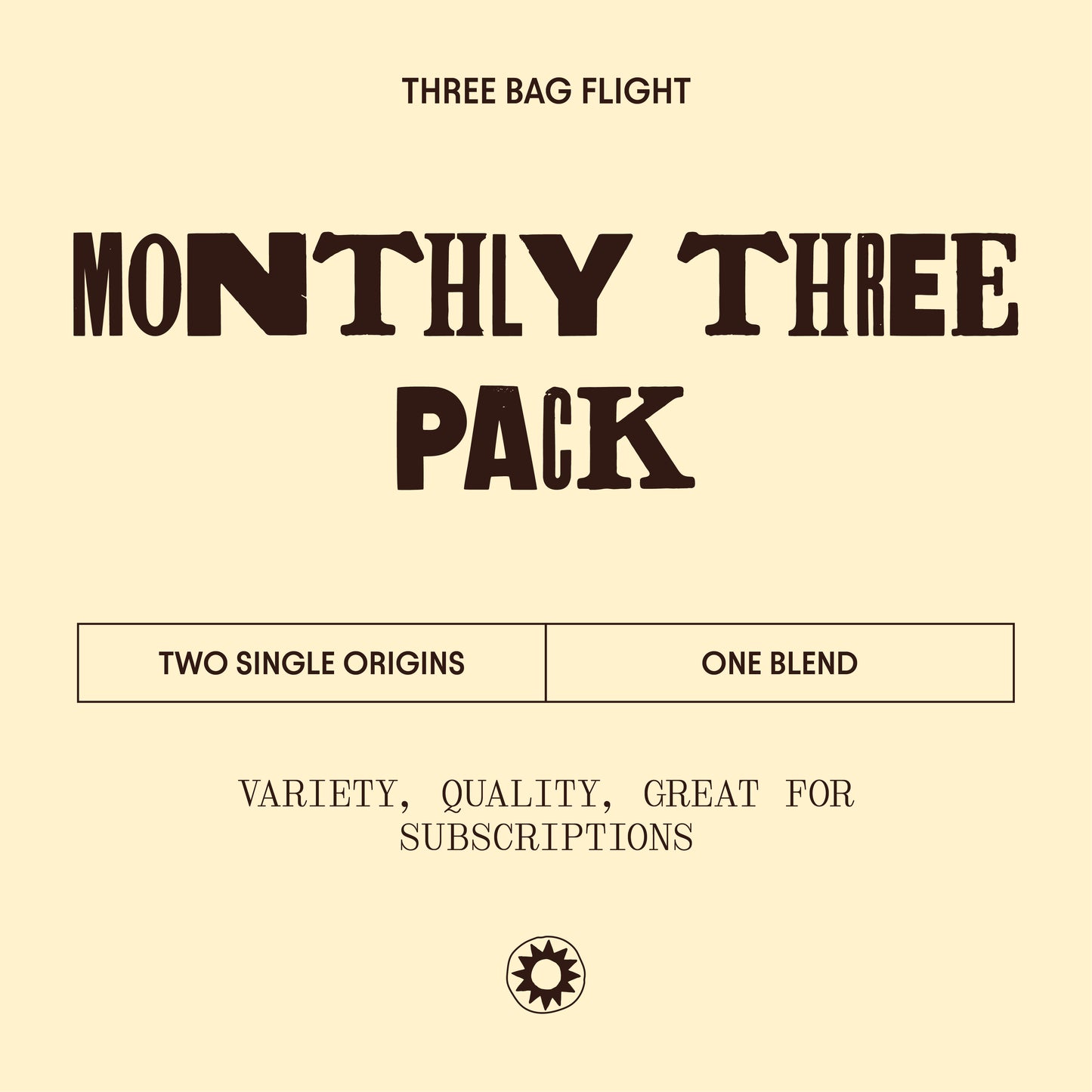 image of monthly three pack label - two single origins, one blend - variety, quality, great for subscriptions