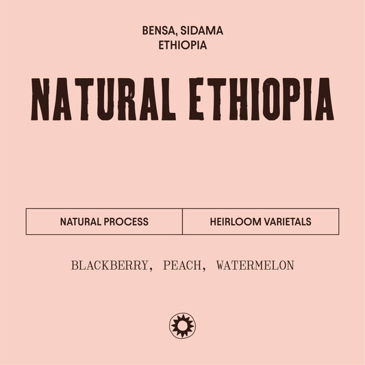 image of natural Ethiopia label  notes of blackberry, peach and watermelon