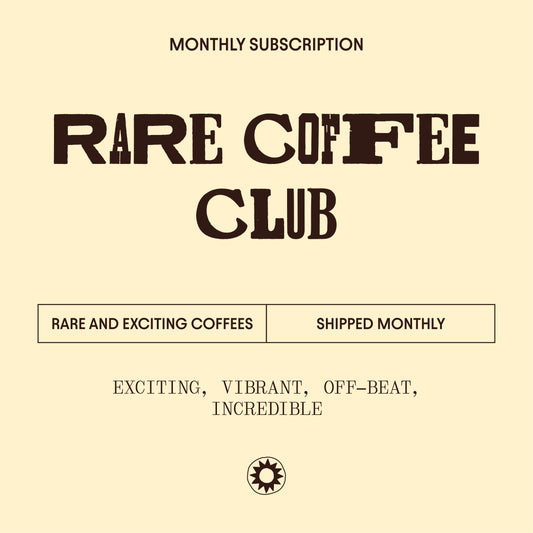 image of  rare coffee club label - rare and exciting coffees shipped monthly p exciting, vibrant, off-beat, incredible