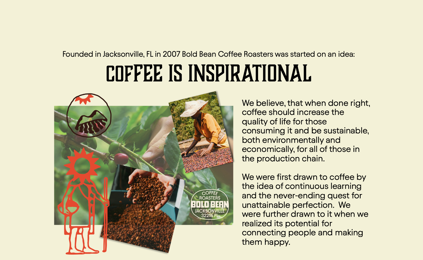 image describing coffee as inspirational - coffee should increase the quality of life for those producing and those consuming it - we were drawn to coffee by the ideas of continuous learning and the never ending quest of unattainable perfection - we were further drawn to it for its ability to connect people and make them happy