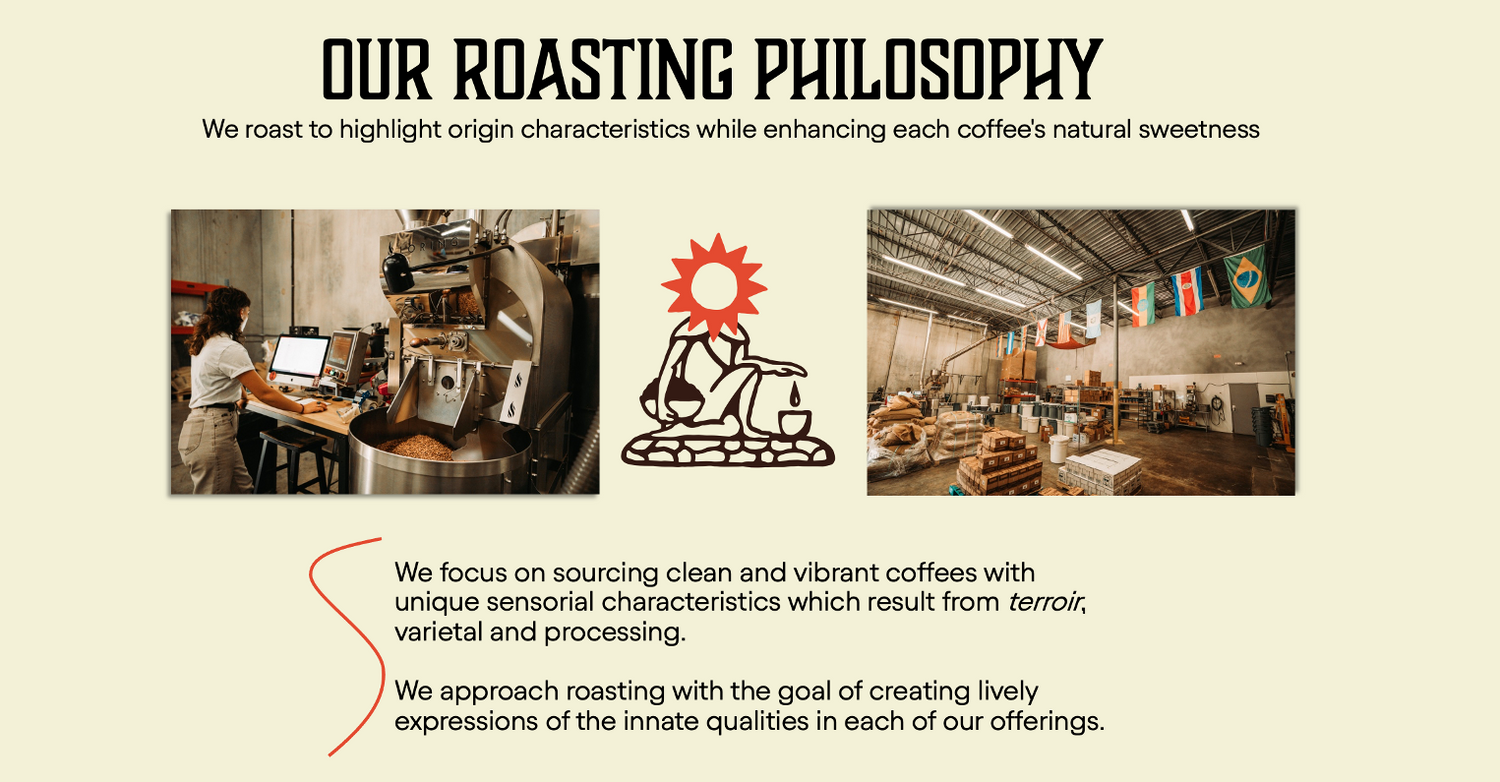 image describing our roastign philosophy - source clean, vibrant coffees - roast to highlight each coffee's innate qualities