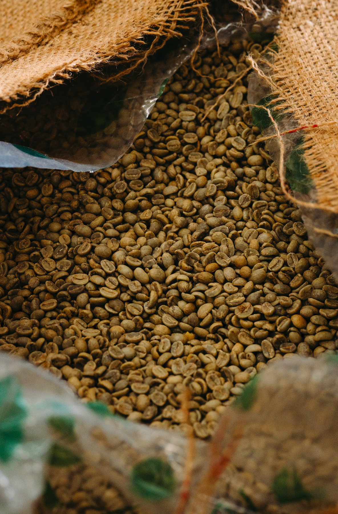 green coffee in burlap bag