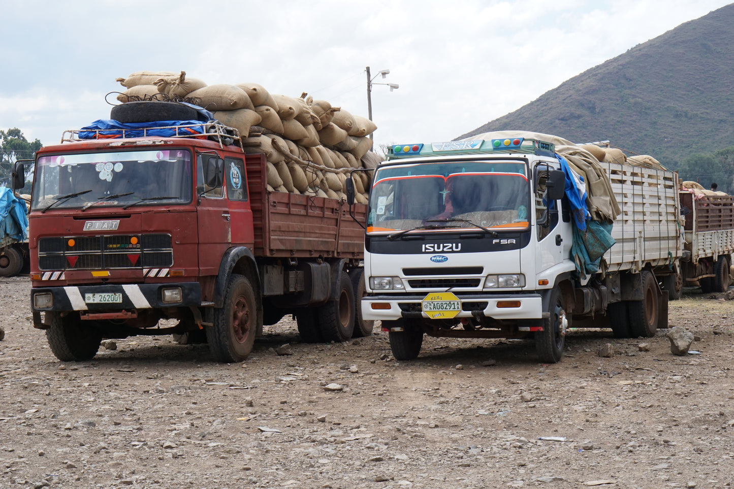 Image of trucks transporting coffee tin Ethiopia