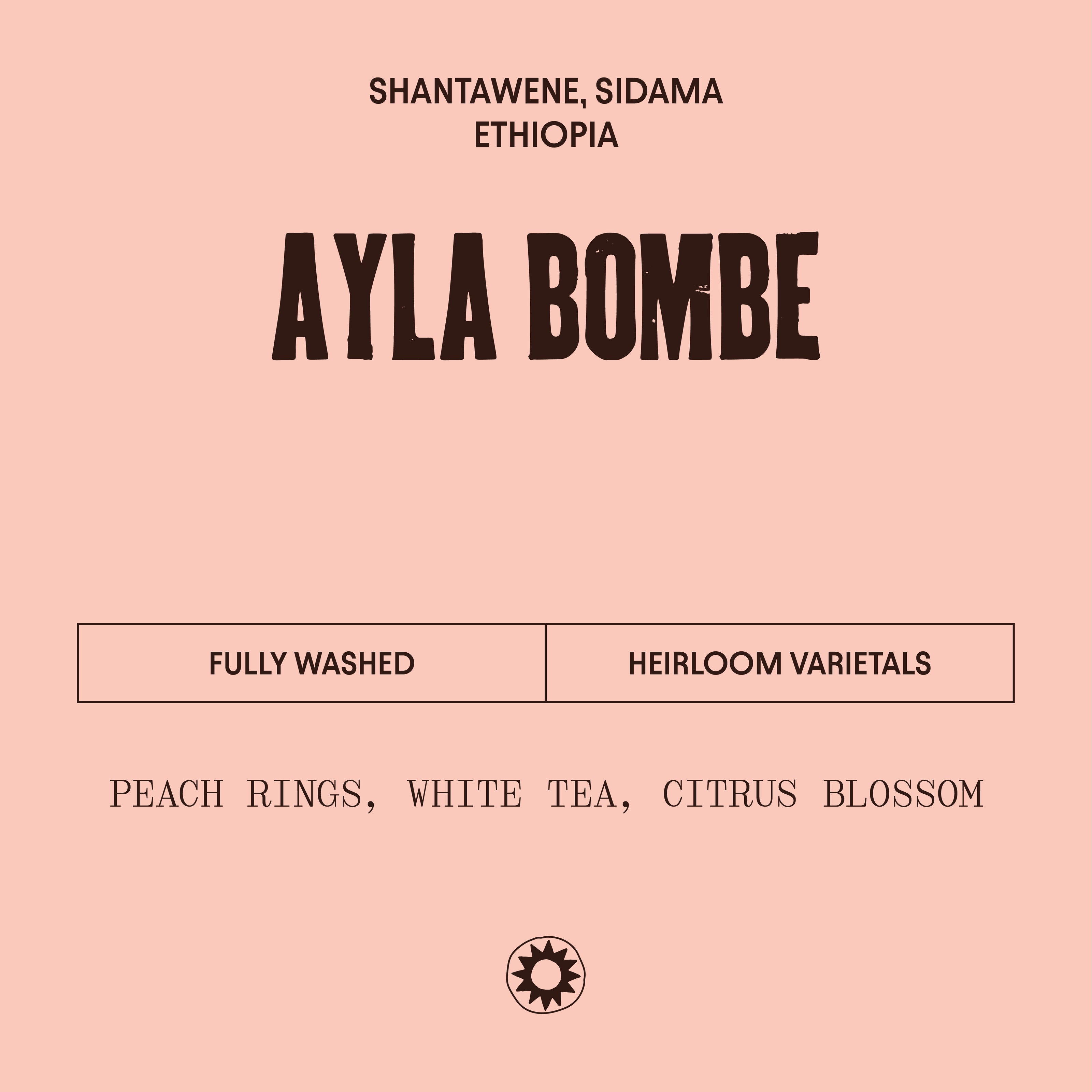 Coffee label for Ayla Bombe with product details on a pink background