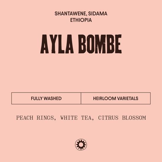 Coffee label for Ayla Bombe with product details on a pink background
