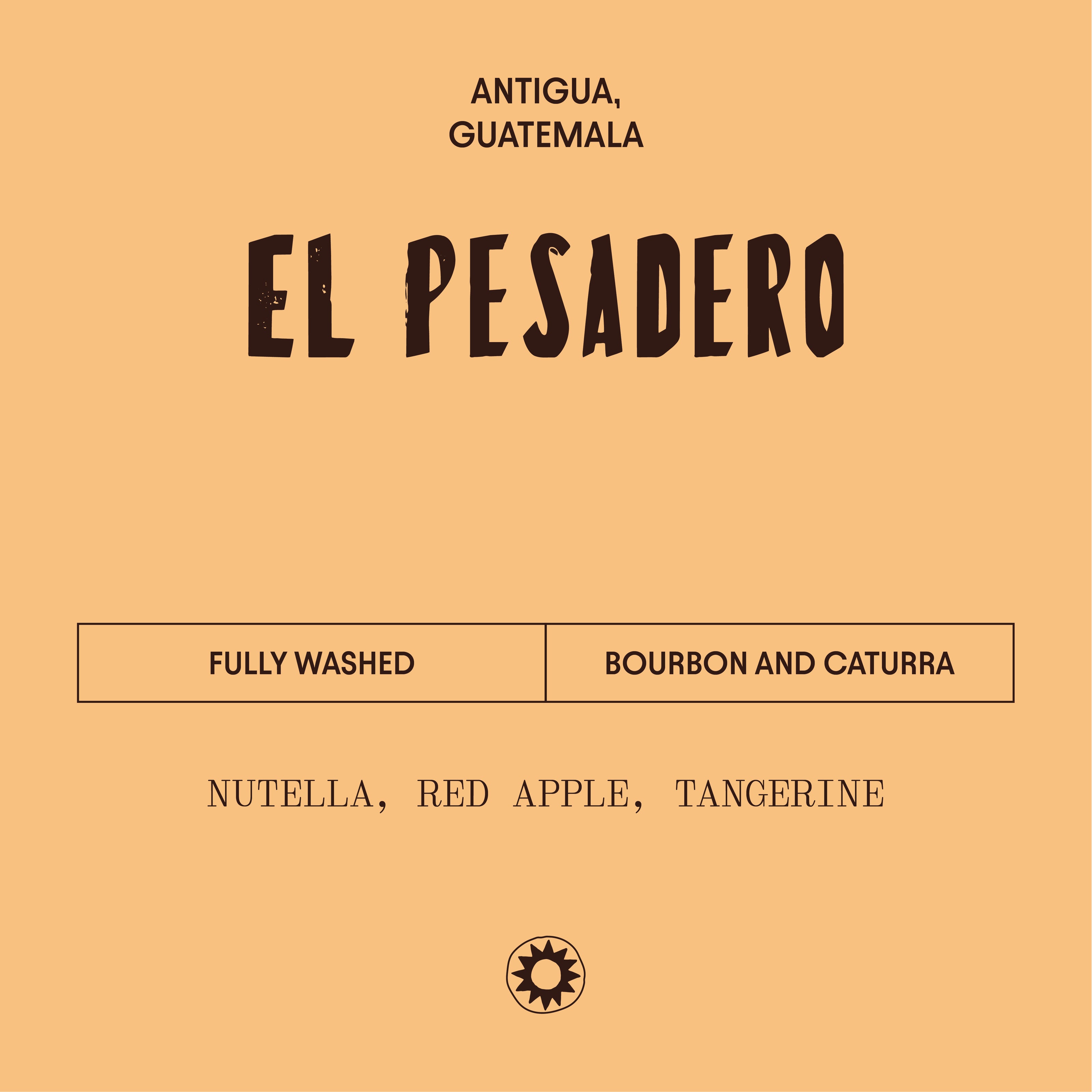 Coffee label for 'El Pesadero' from Antigua, Guatemala with coffee flavor description.