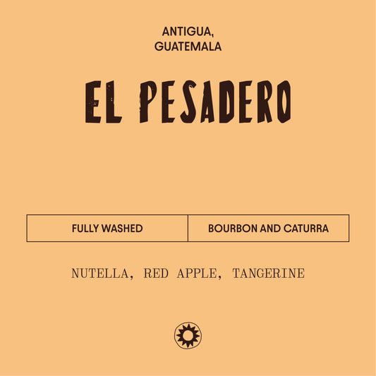 Coffee label for 'El Pesadero' from Antigua, Guatemala with coffee flavor description.