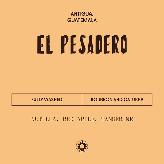 Coffee label for 'El Pesadero' from Antigua, Guatemala with coffee flavor description.