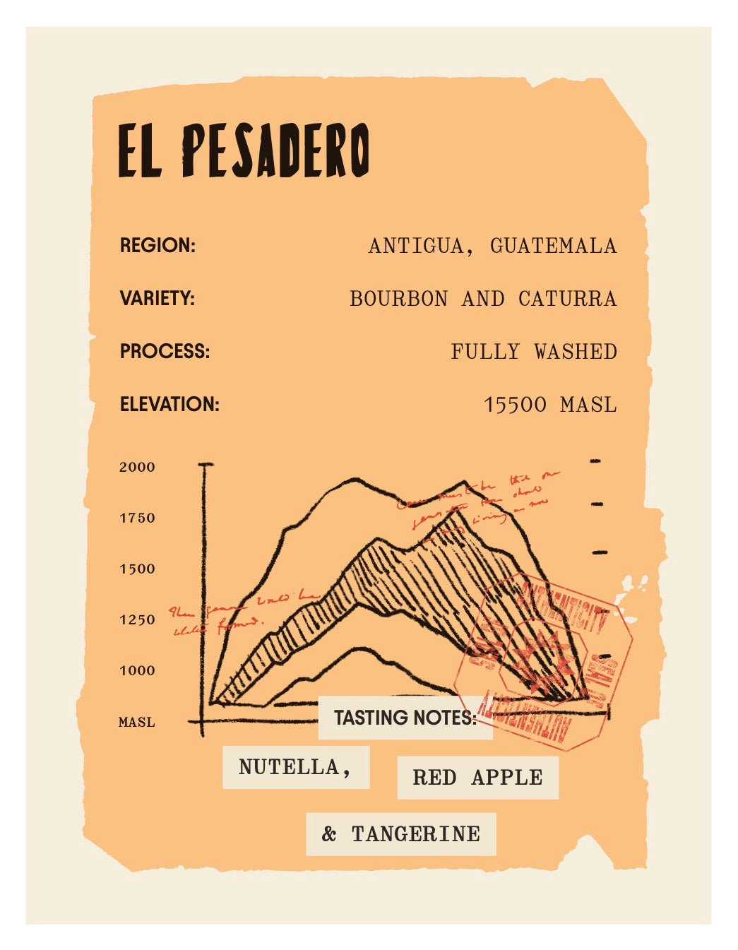 El Pesadero coffee label with mountain graphic and tasting notes on a beige background