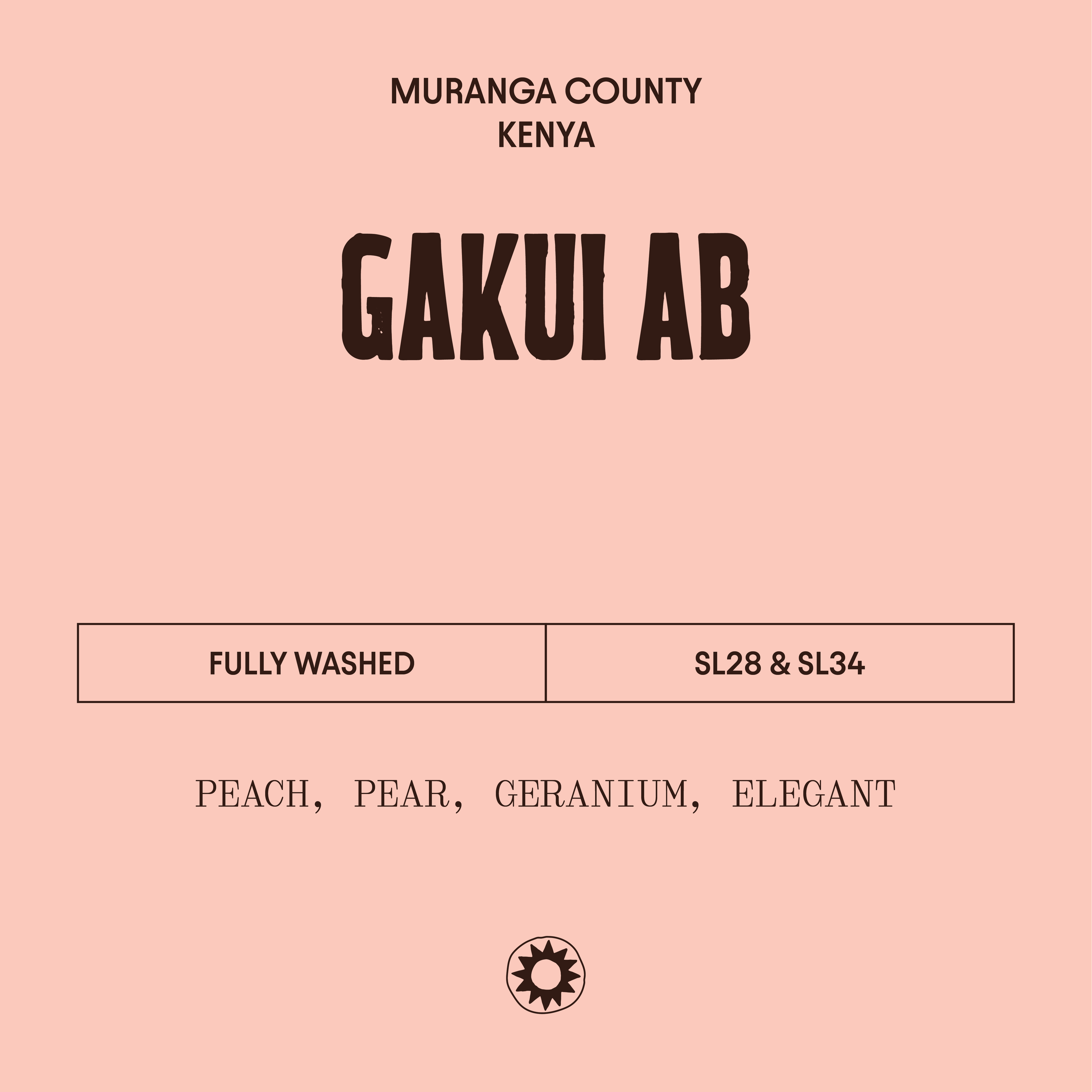 Product label for 'Gakui AB' from Muranga County, Kenya with washing information and color description.