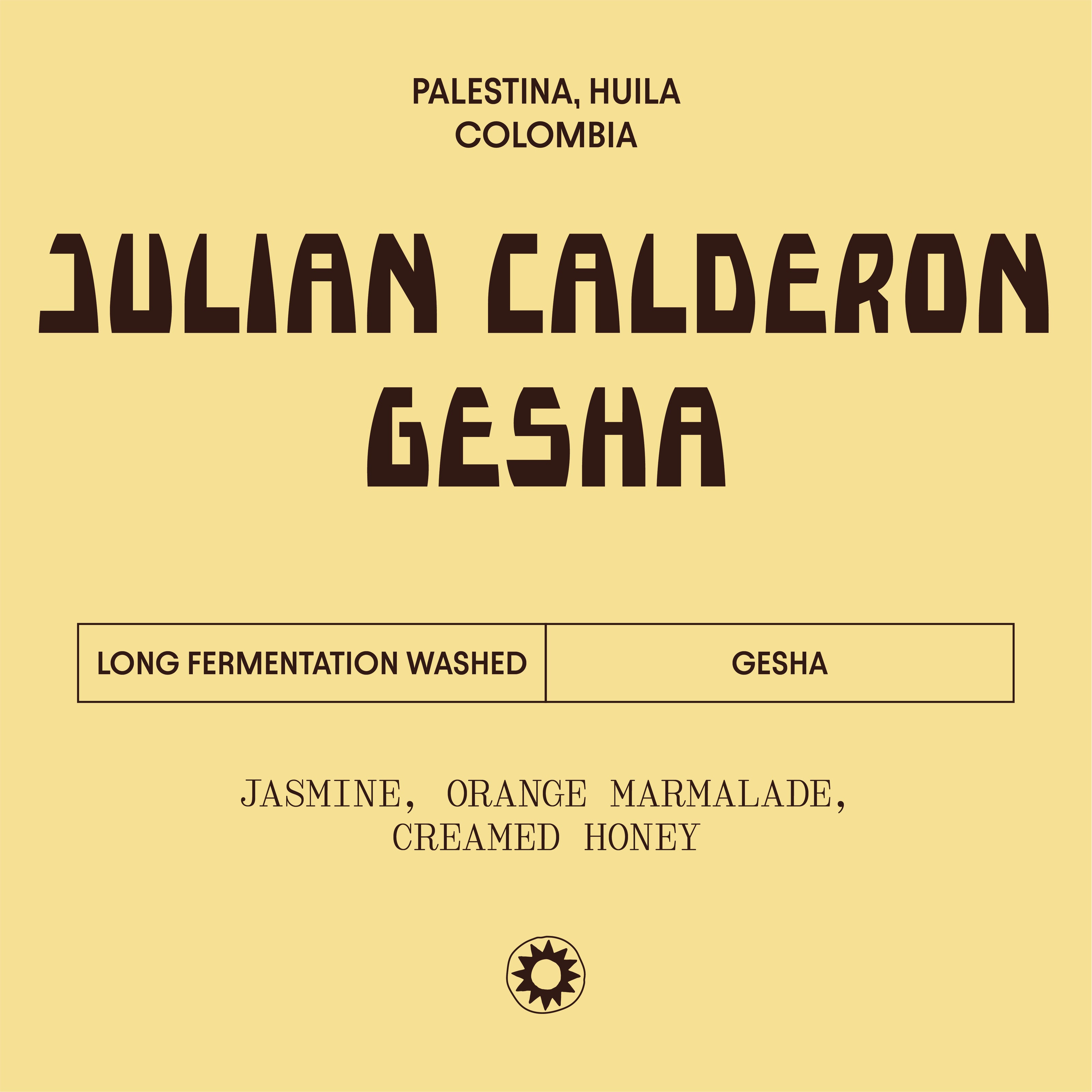 Coffee label for Julian Calderon Gesha with text on a yellow background