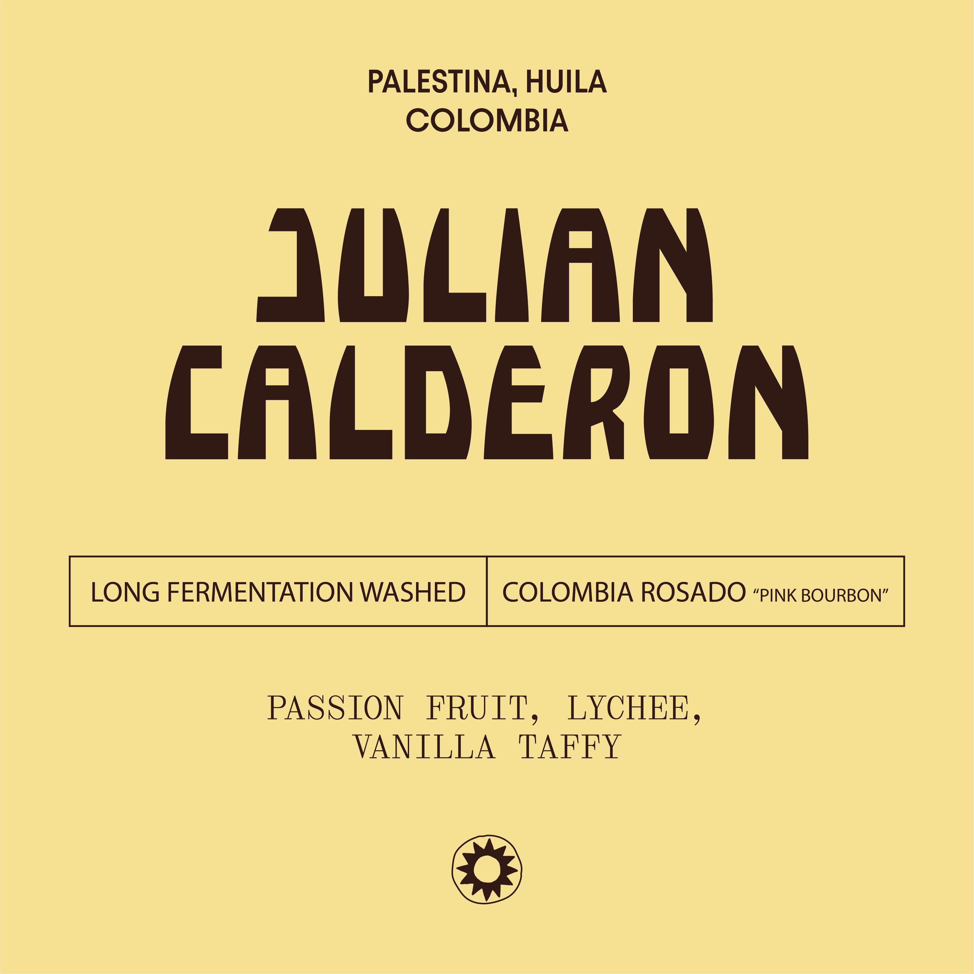 Yellow label with black text detailing coffee information and flavor profile on a yellow background