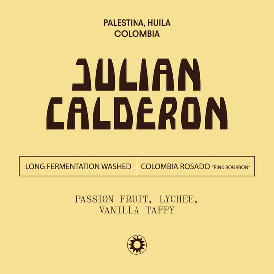 Yellow label with black text detailing coffee information and flavor profile on a yellow background