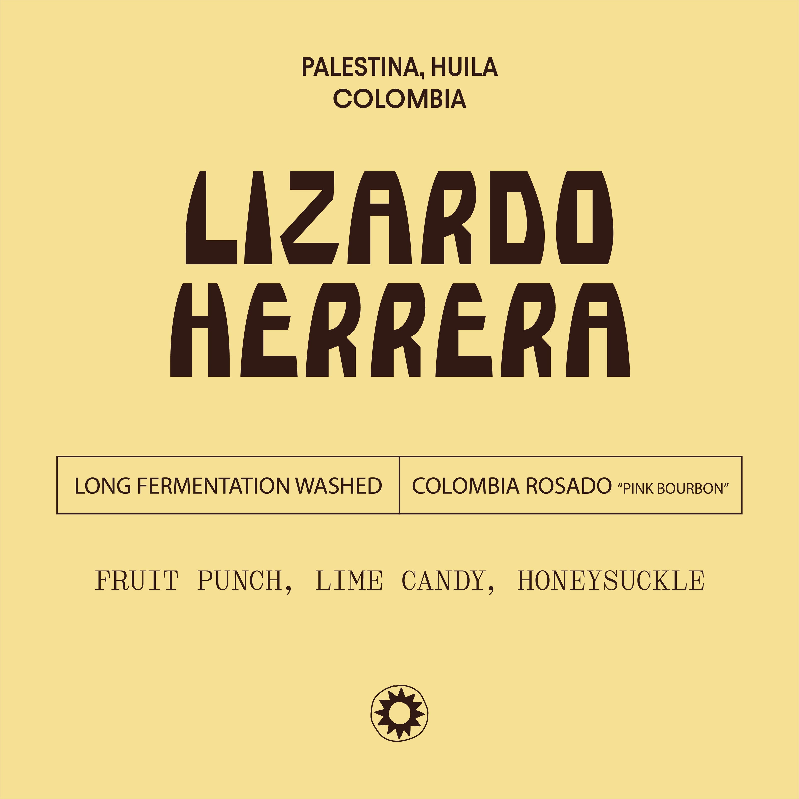 Lizardo Herrera coffee label with text on a yellow background