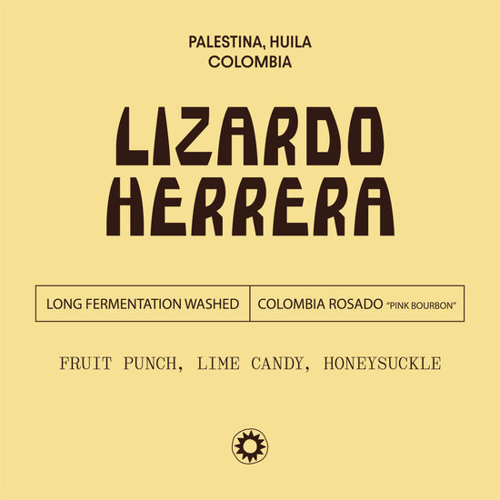 Lizardo Herrera coffee label with text on a yellow background