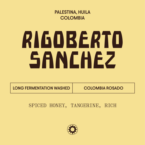 Coffee label for Rigoberto Sanchez from Colombia with text details on a beige background
