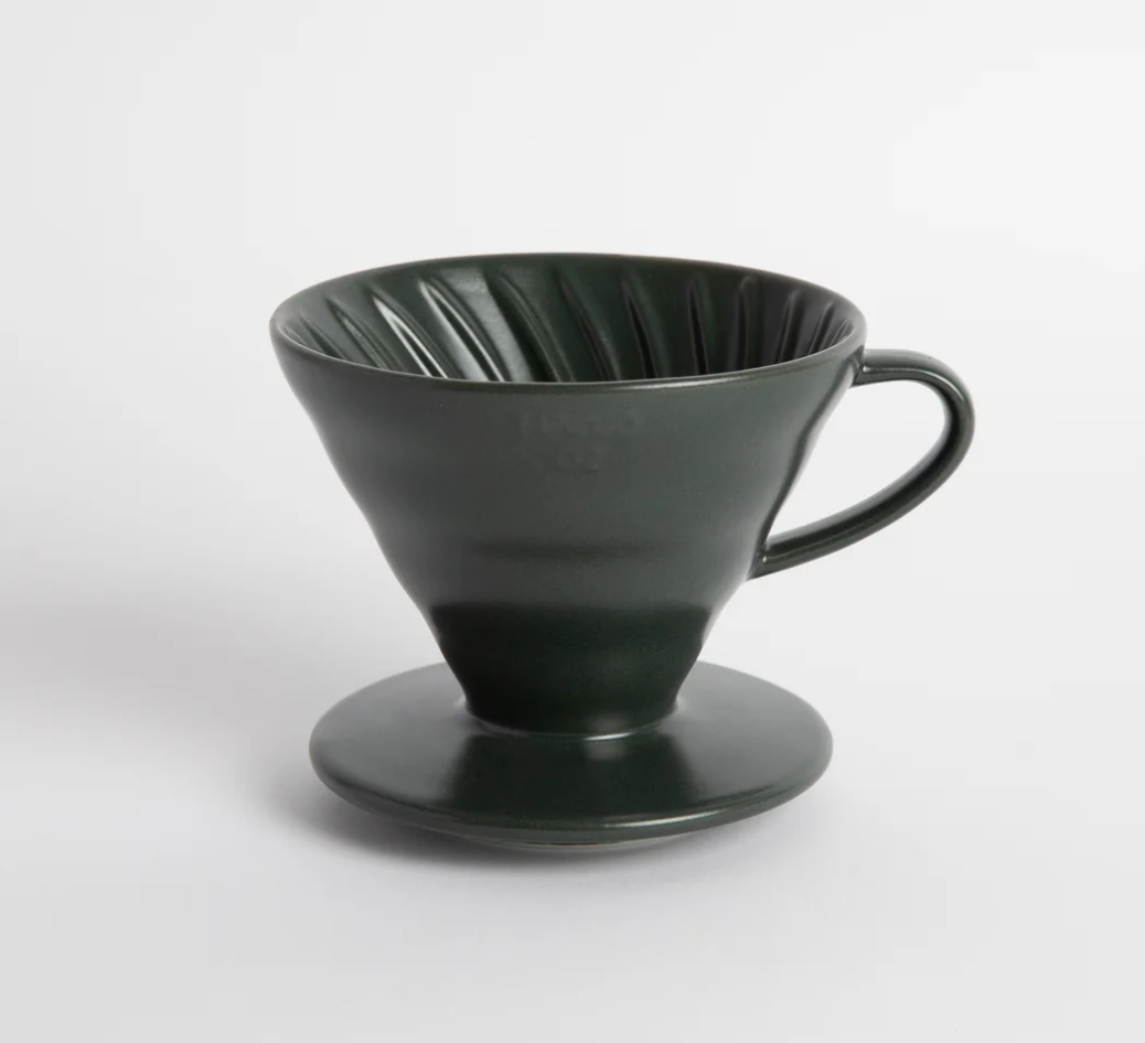 Black ceramic coffee dripper on a white background