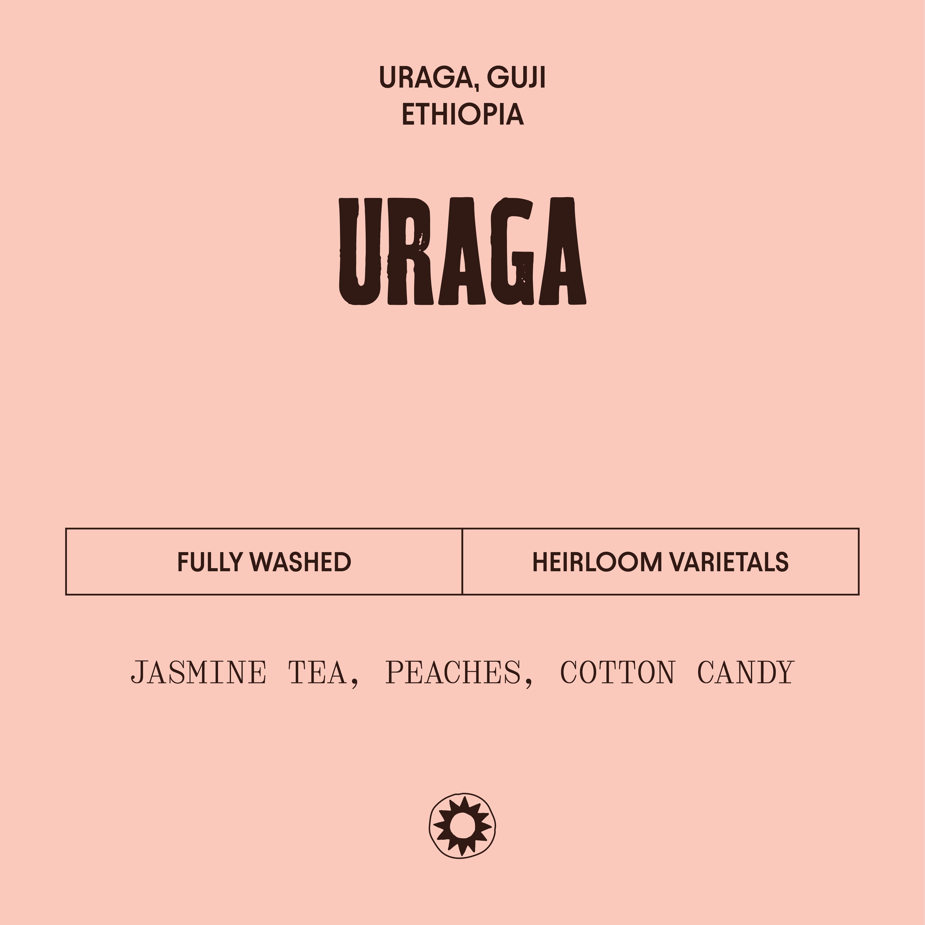 Pink background with black text displaying 'URAGA', 'URAGA, GUJI ETHIOPIA', and coffee description details.