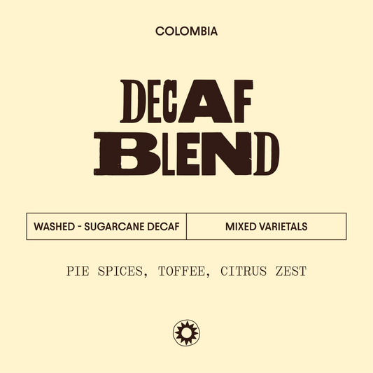 label for decaf blend - notes of pie spices, toffee and citrus zest